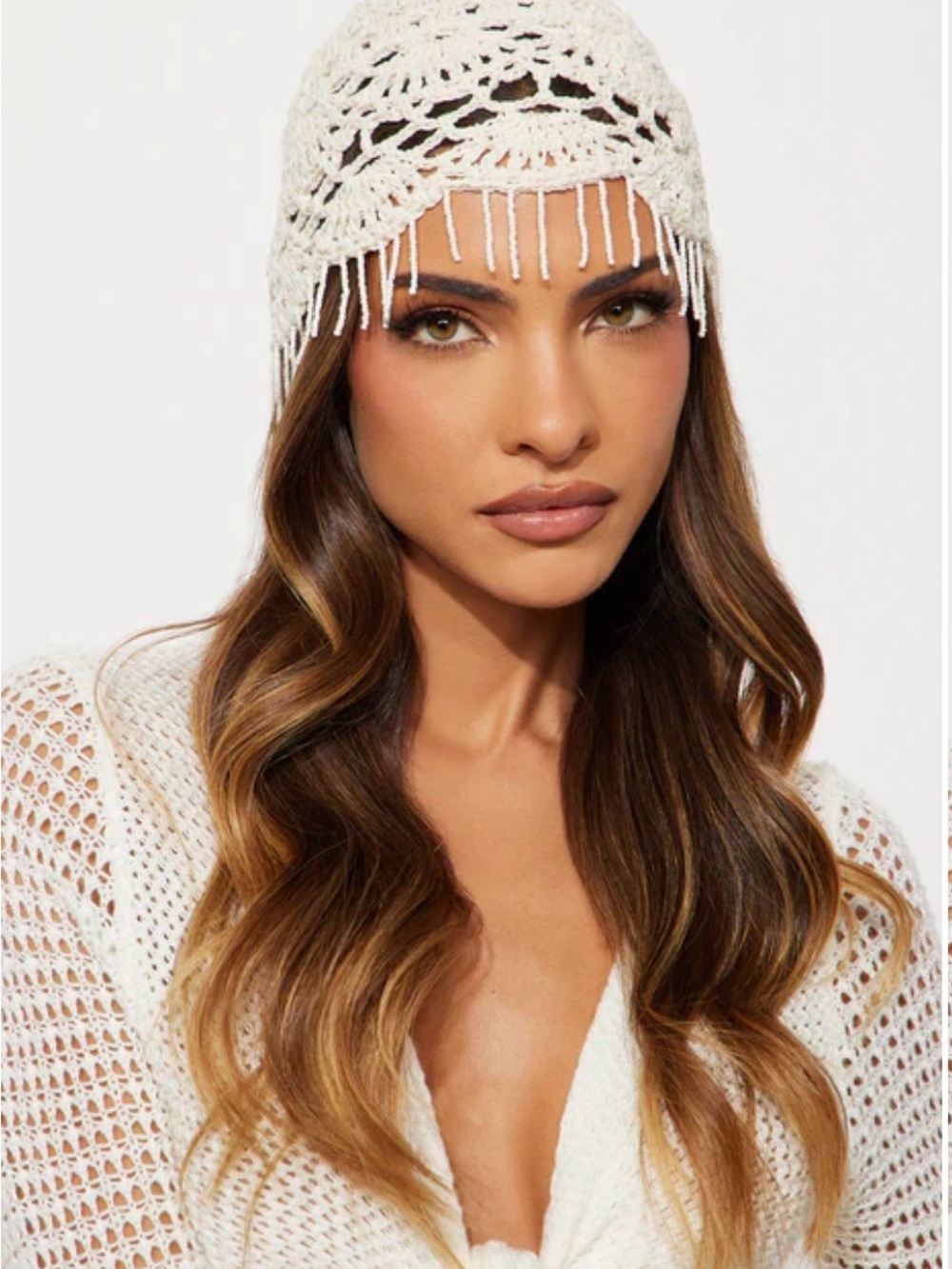 Fashion Nova White Crochet Fringe Beanie